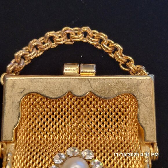 Mesh Purse Miniature Pill Coin Box Doll Gold Tone Jeweled Rhinestones 2" - Picture 3 of 9